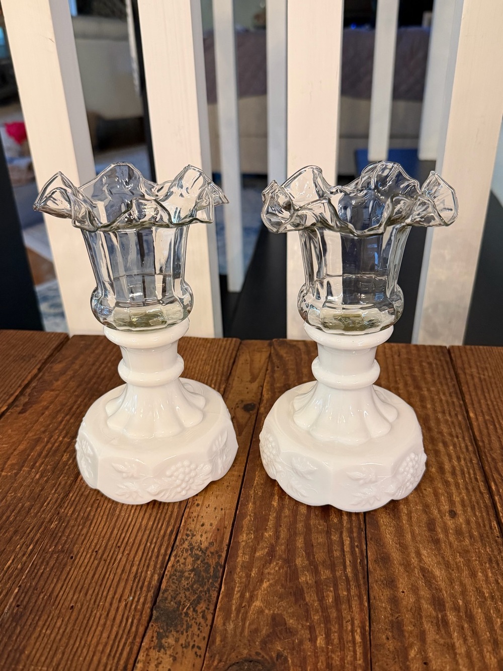 Pair of vintage Westmoreland Milk Glass Grape Candle Holders and Votive Cups